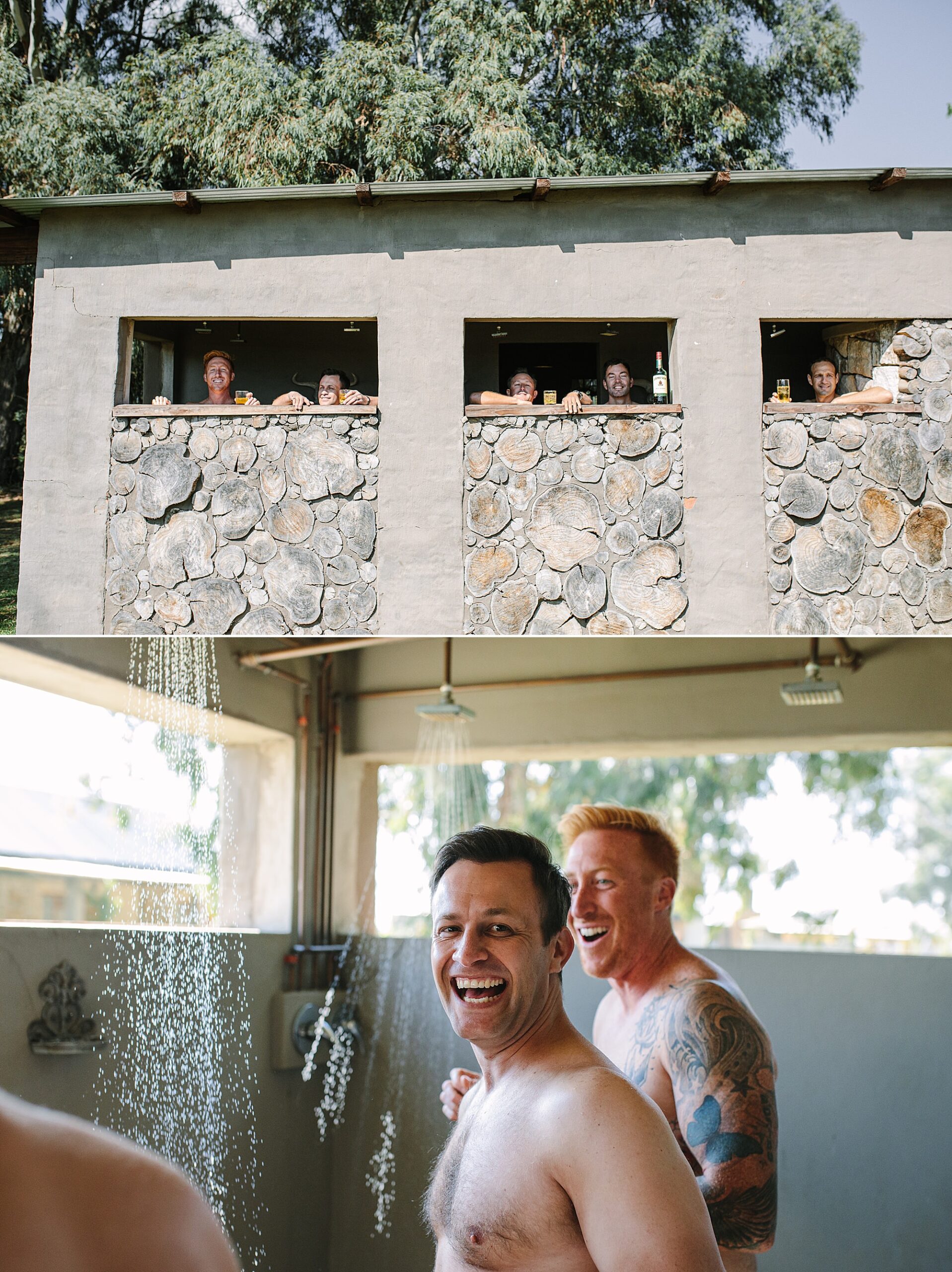 Groomsmen laughing and cheekily peeking over the shower wall, all their faces visible, captured in a candid moment.