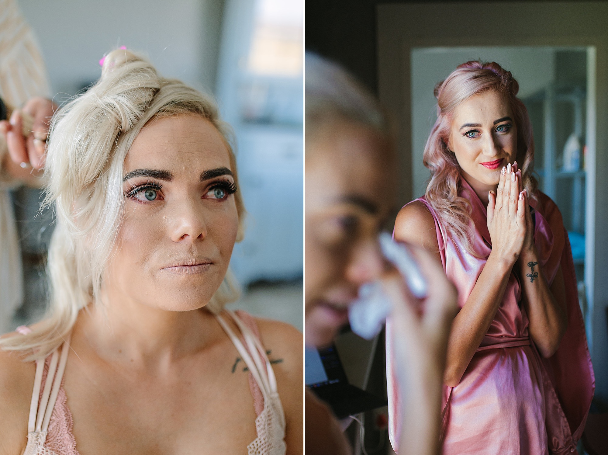 Bride with blue eyes getting emotional, a tear rolling down her cheek, as a bridesmaid looks on with teary eyes, captured by a Bendigo wedding photographer.