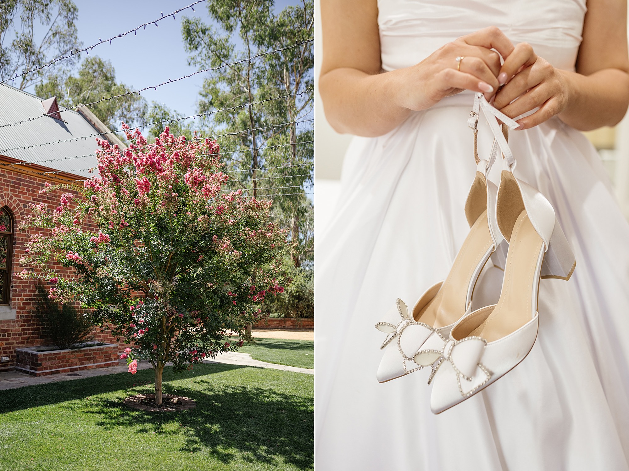 A lush tree with pink flowers is accompanied by white shoes being held by the bride. 