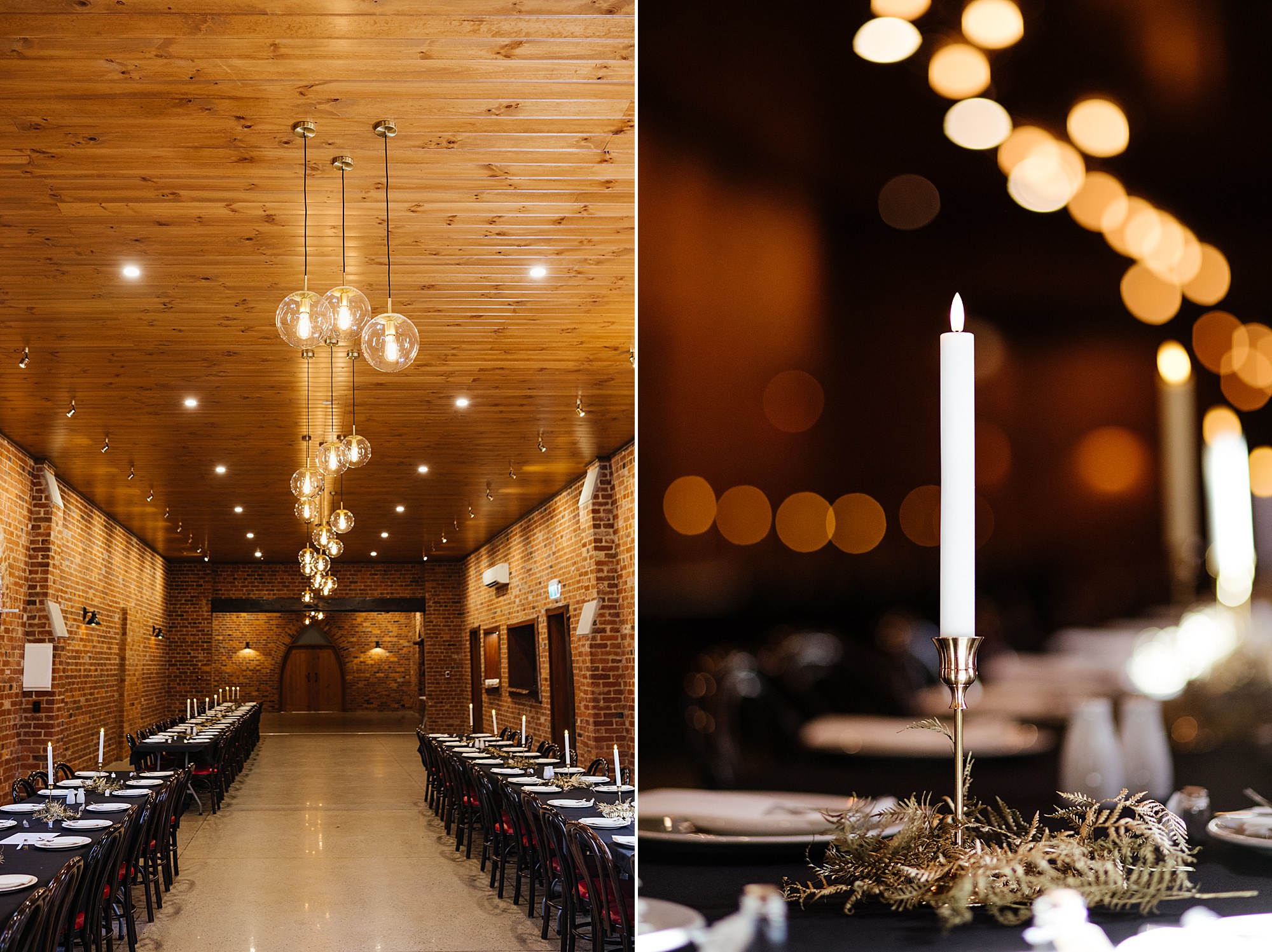 Moody banquet hall with set tables, accompanied by a detailed candle.
