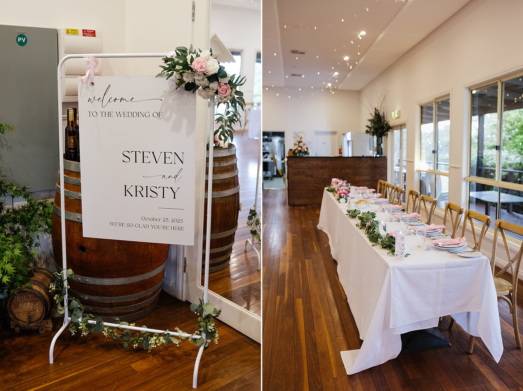 White and pink set wedding table at St Anne's Winery in Bendigo. 