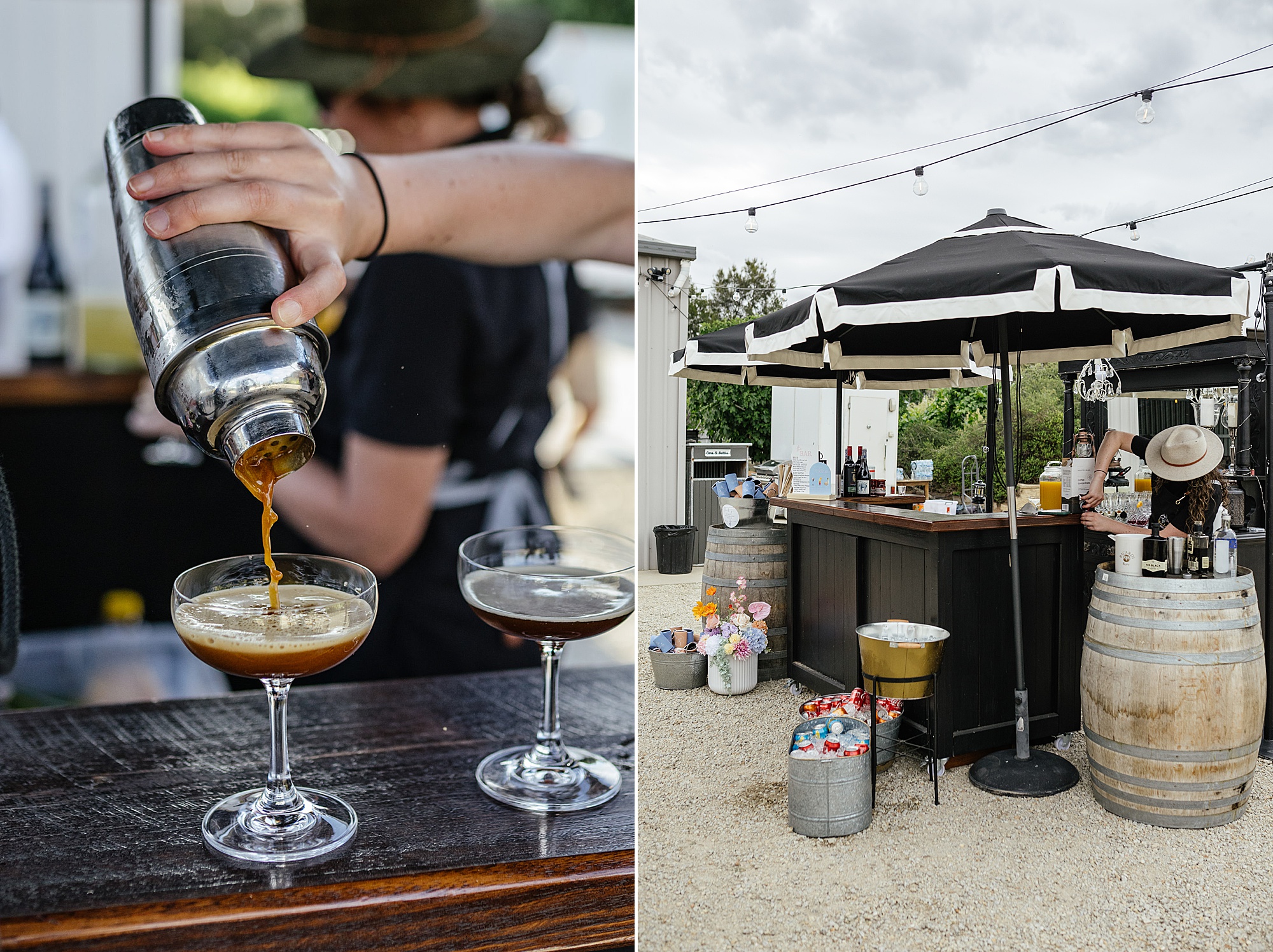 Dark brown Espresso martini poured into glass alongside a Black & white umbrella setup.