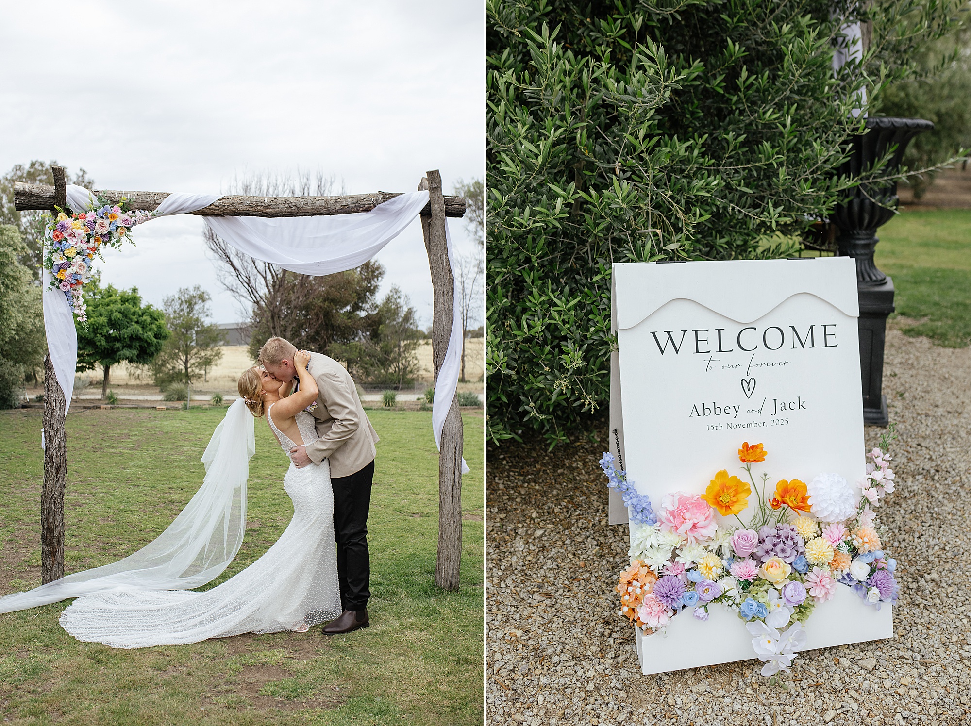 Bridal couple kissing after wedding ceremony.