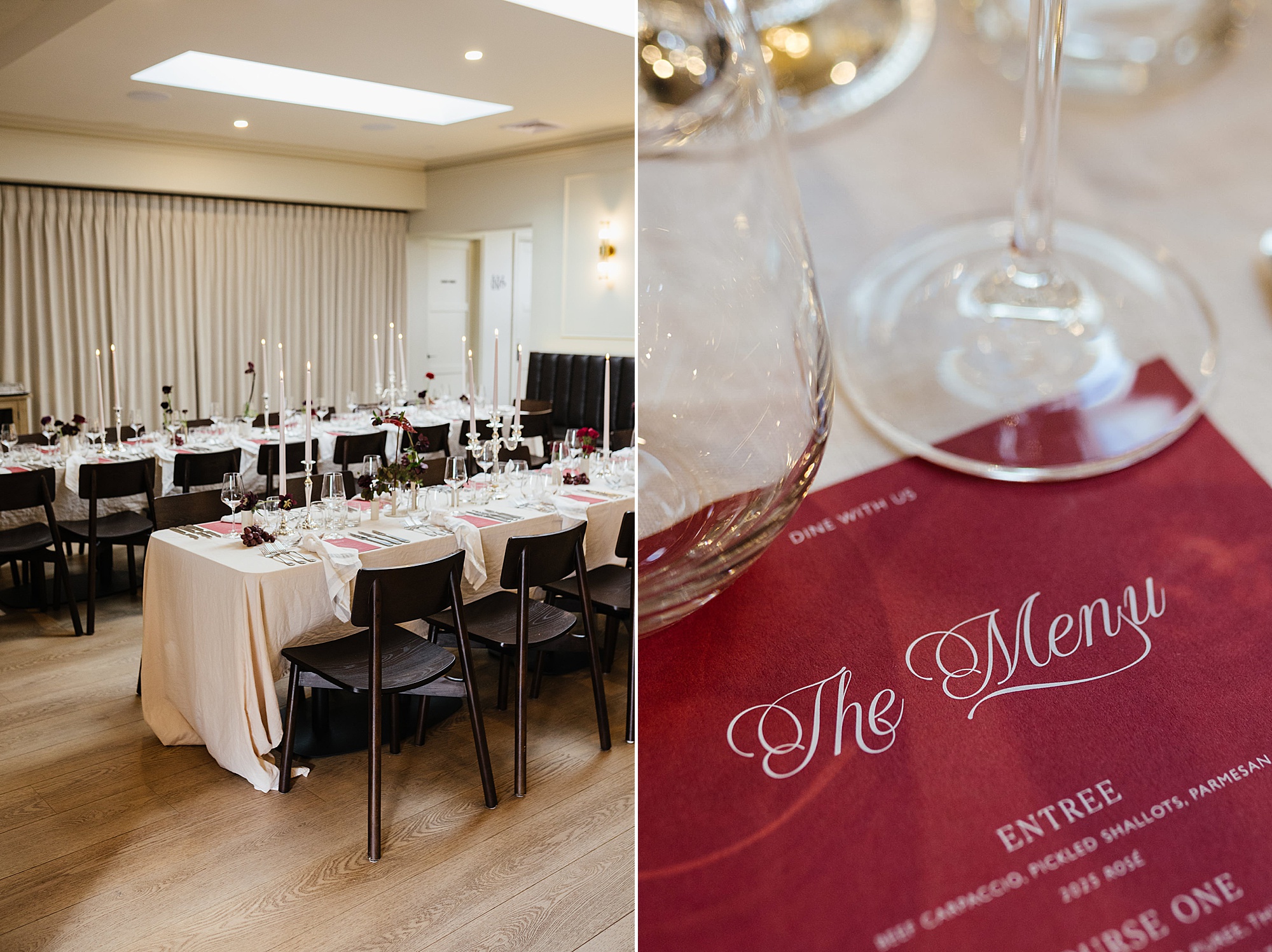 Seated table with red details of menu.