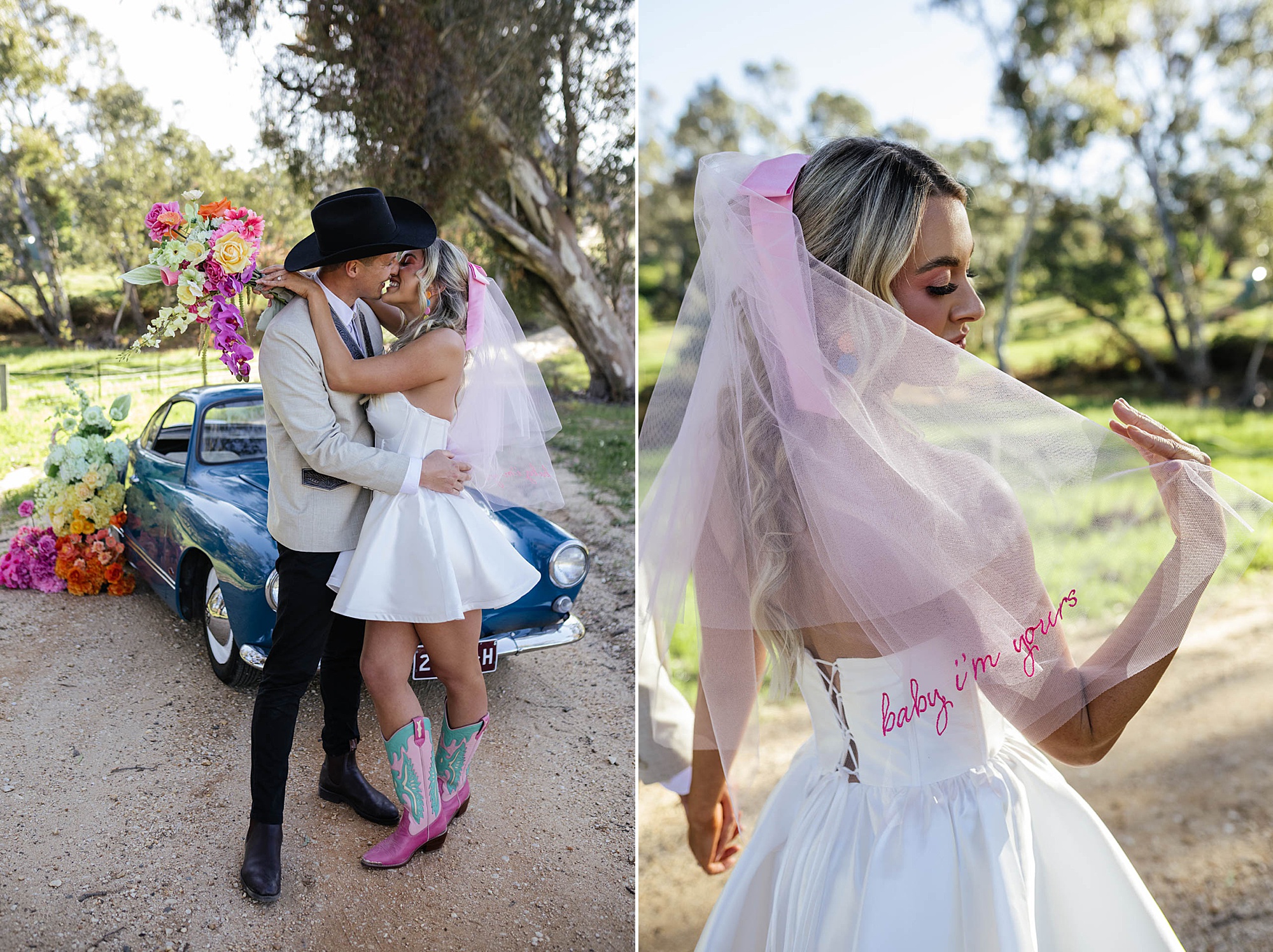 Cowboy bridal couple Standing infront of a blue car, the couple are completely smitten, with her pink veil reading “Baby I’m Yours” adding a playful, romantic touch.