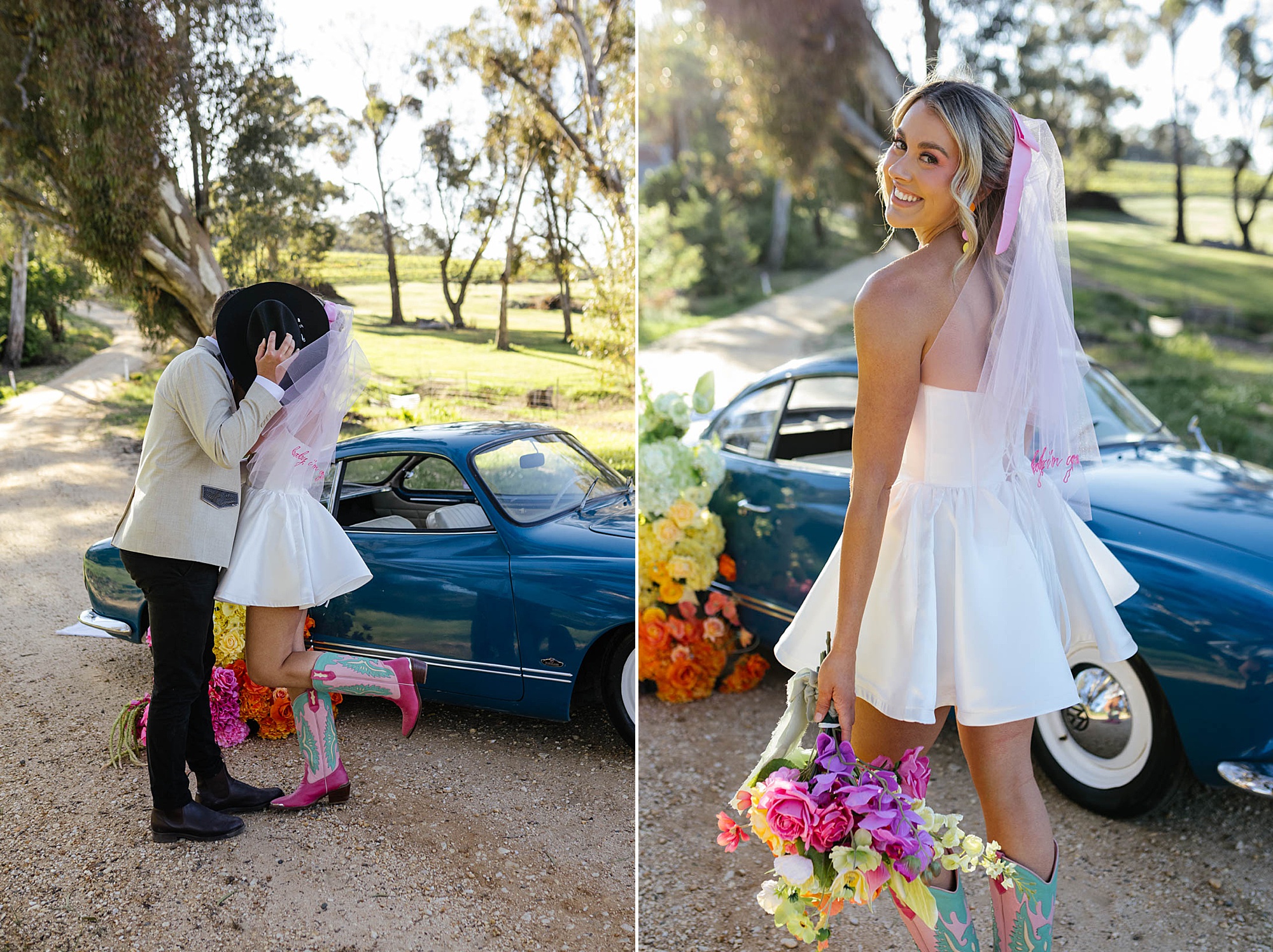 bride and groom share kiss with a veil from Melbourne creative studio