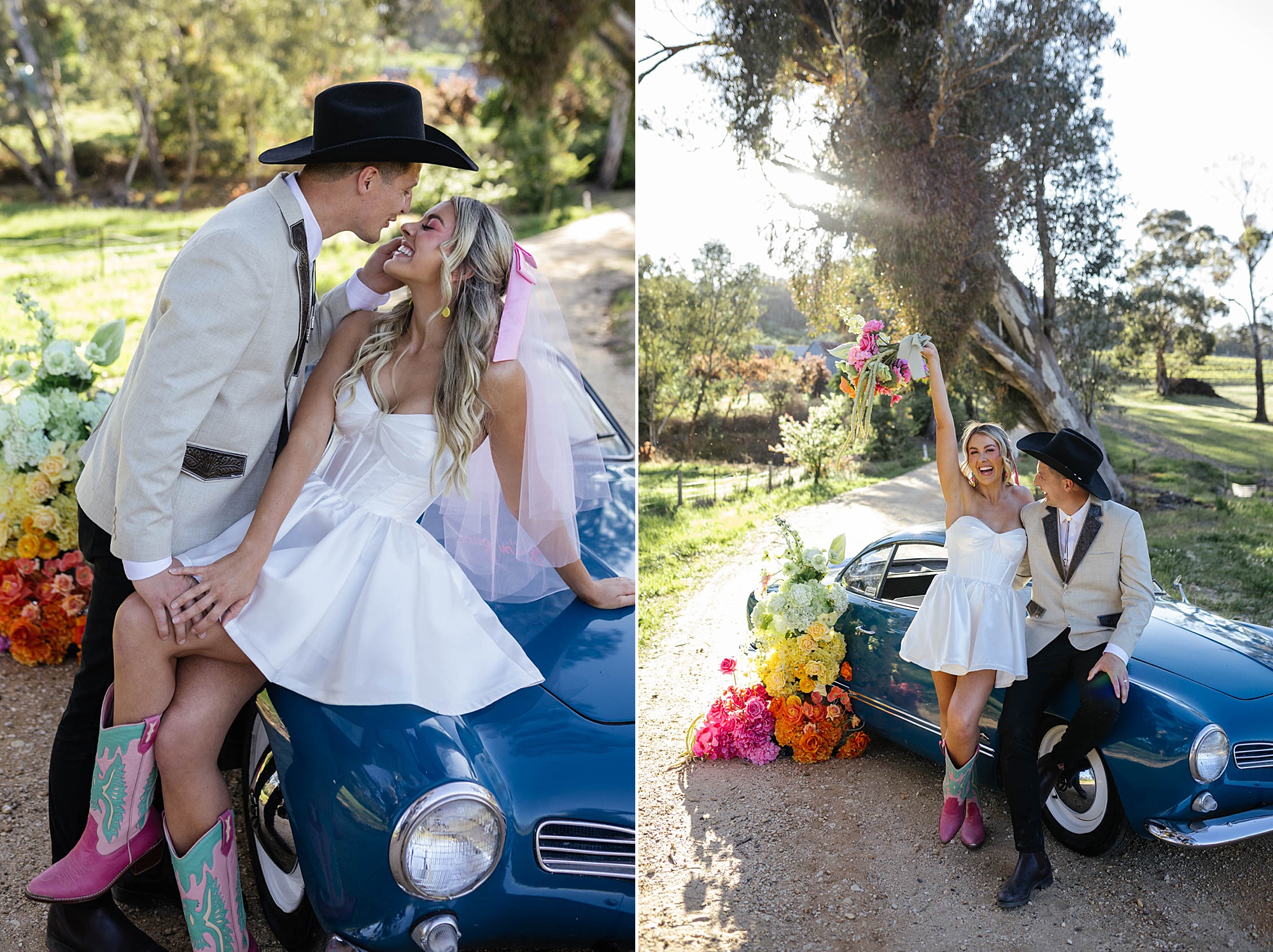 Sitting on a blue car, the couple are completely smitten, with her pink veil reading “Baby I’m Yours” adding a playful, romantic touch.