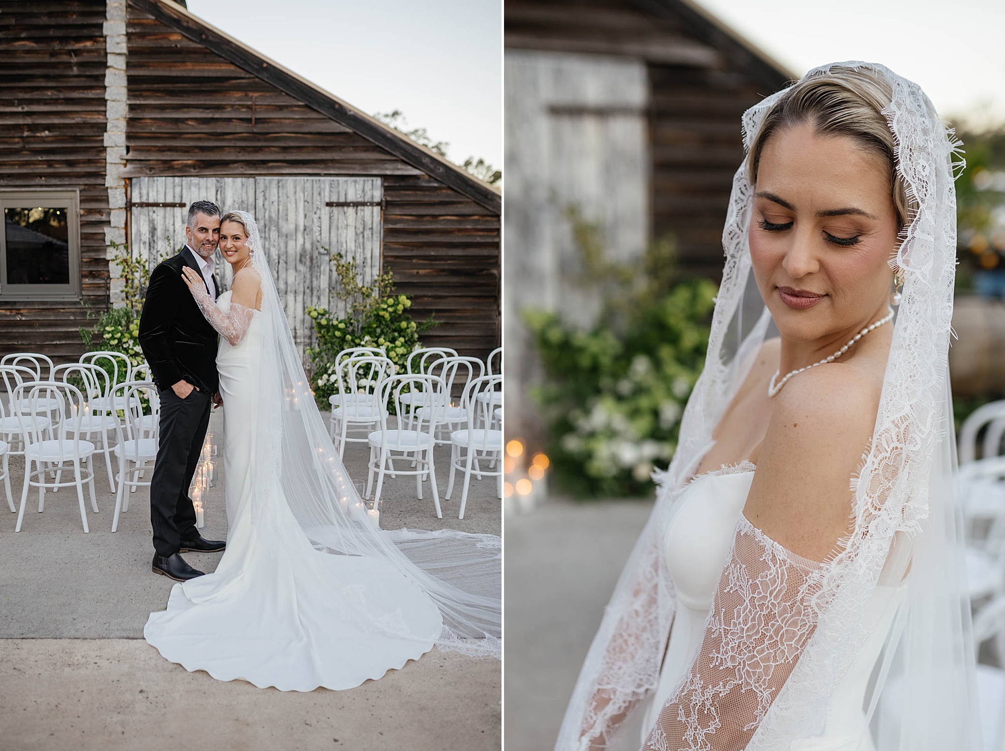 Bride and groom standing together with a long lace veil draped over the bride’s shoulders, creating an elegant and romantic wedding portrait.