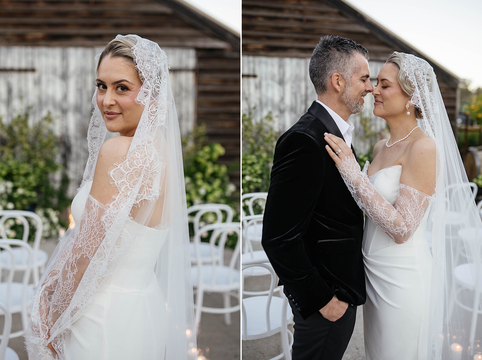 Bride and groom standing together with a Melbourne wedding veil laced veil draped over the bride’s shoulders, creating an elegant and romantic wedding portrait.