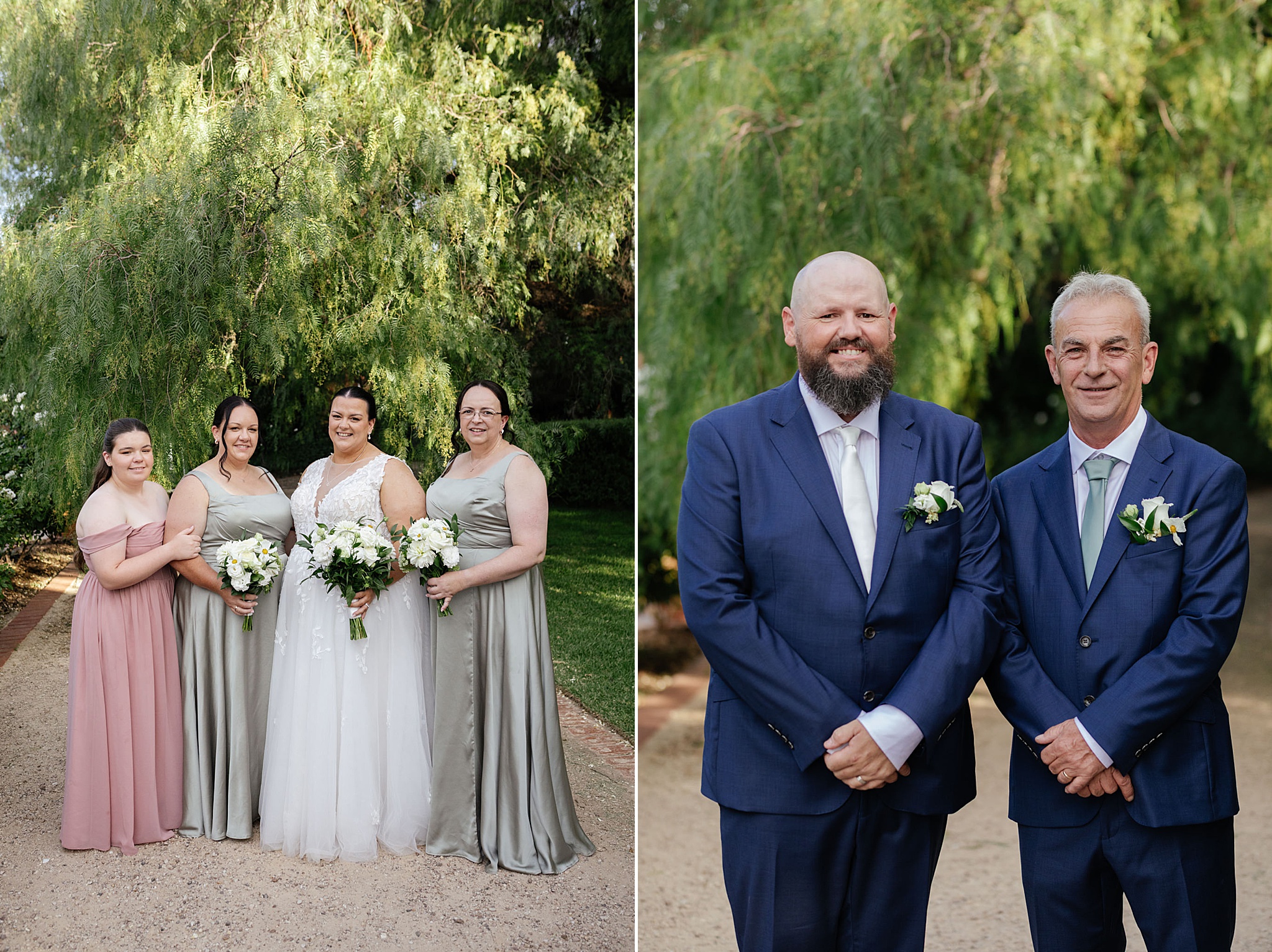 Bride and bridesmaids standing with garden in the backgound. 