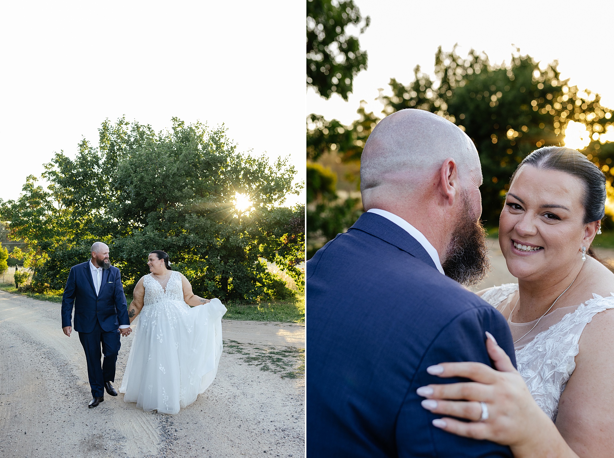 Bride & Groom walking on gravel road during sunset. 
