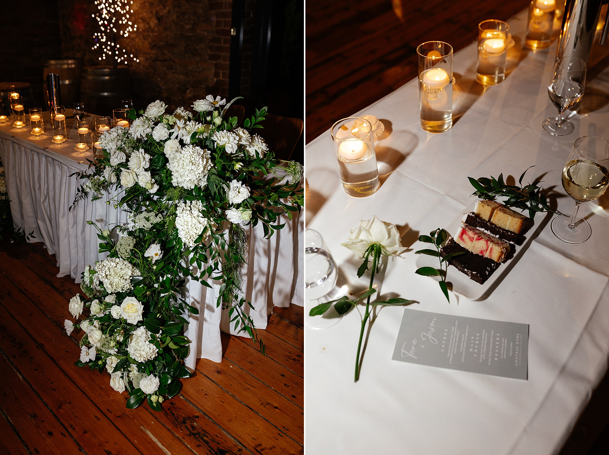 wedding Reception tables decorated with candles and white flowers.
