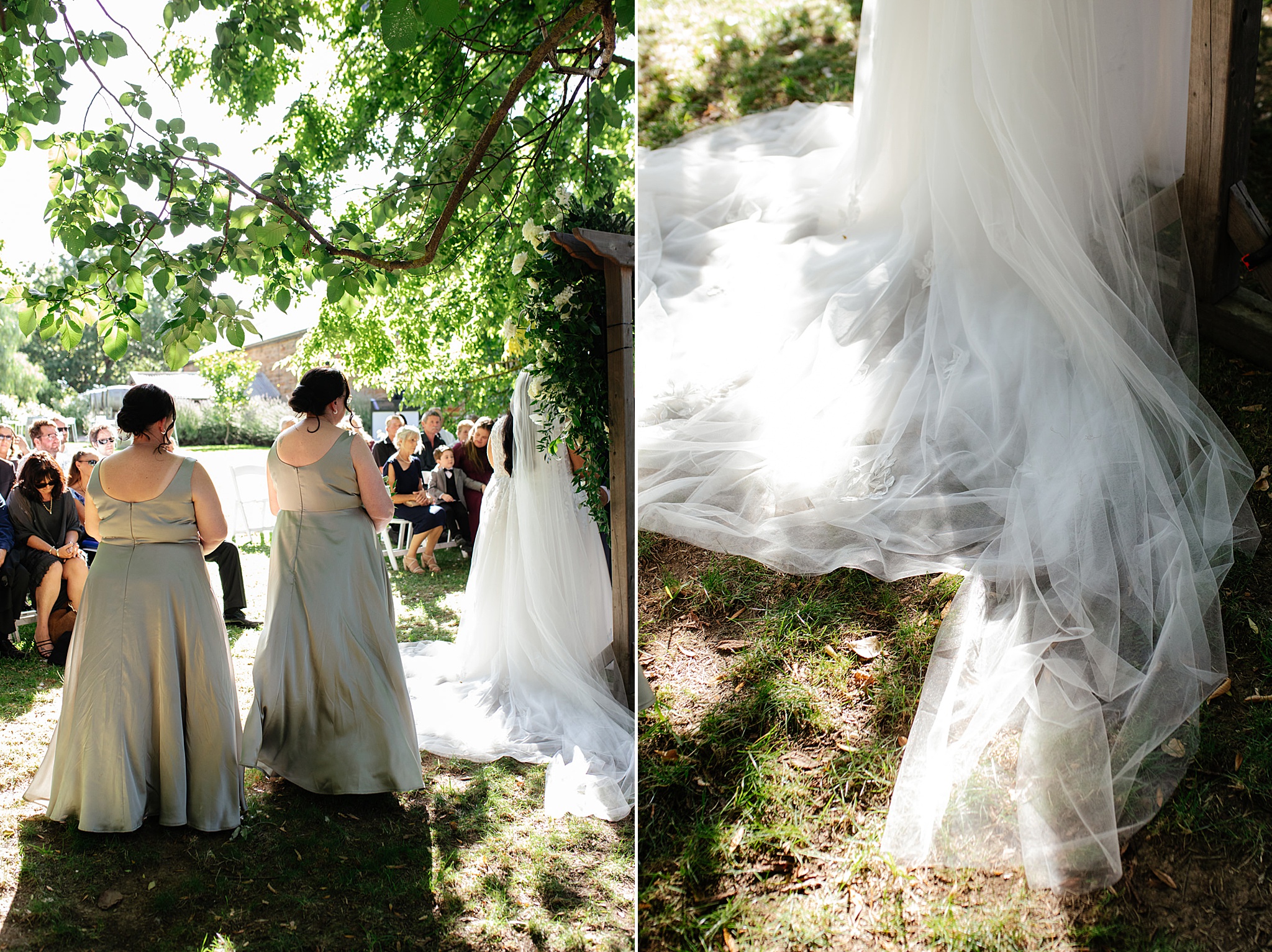 Bride and bridesmaids standing in garden.