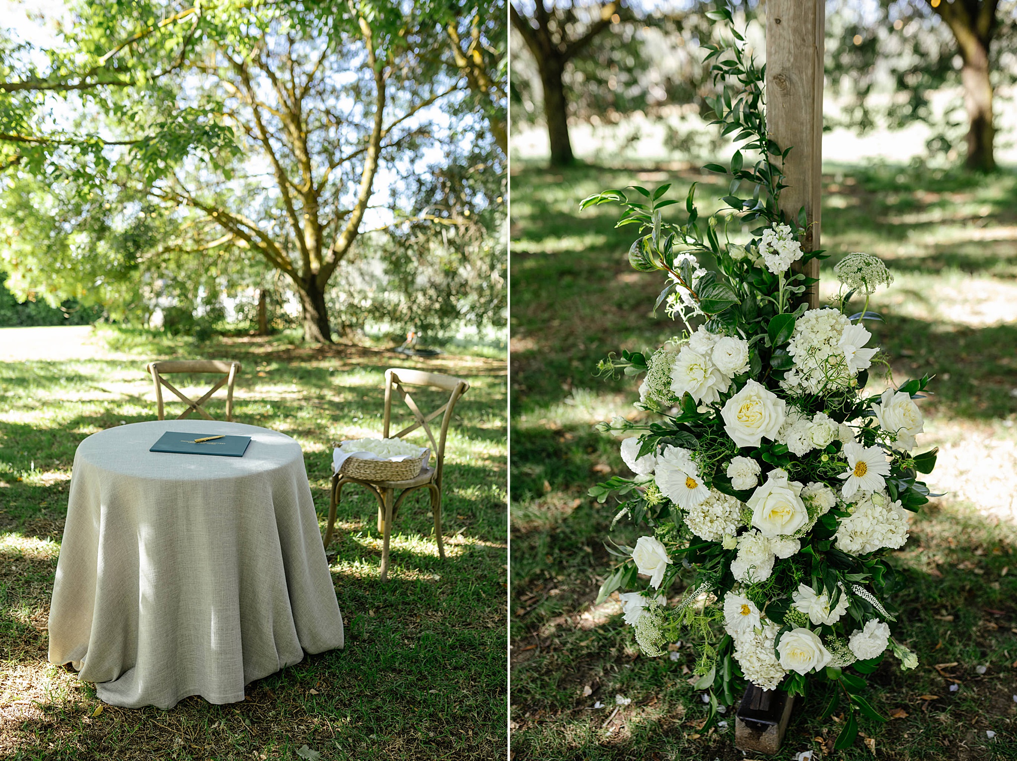 Wedding floral setup under a canopy of trees.