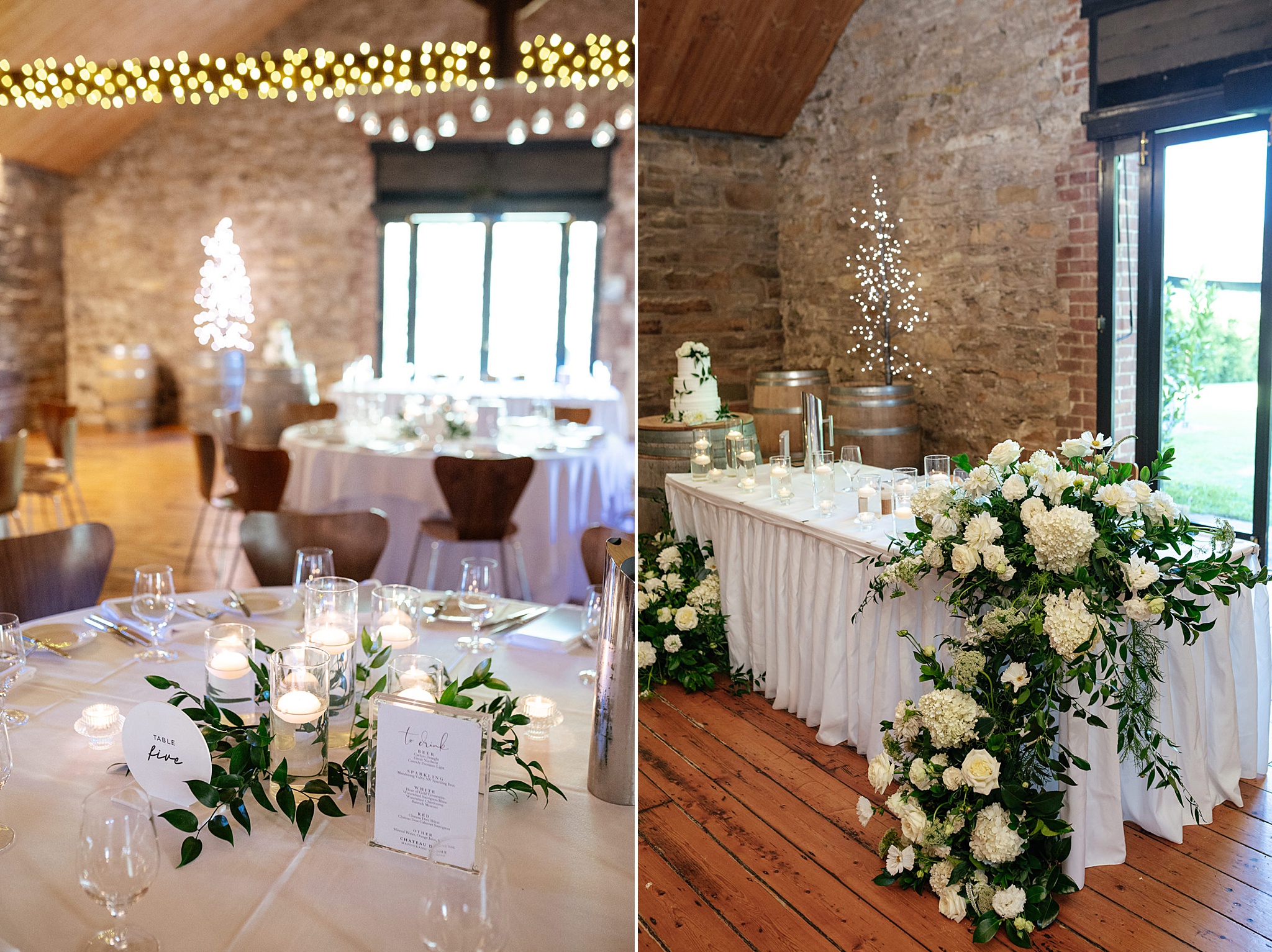 Reception filled with candles and beautiful green and white flowers. 