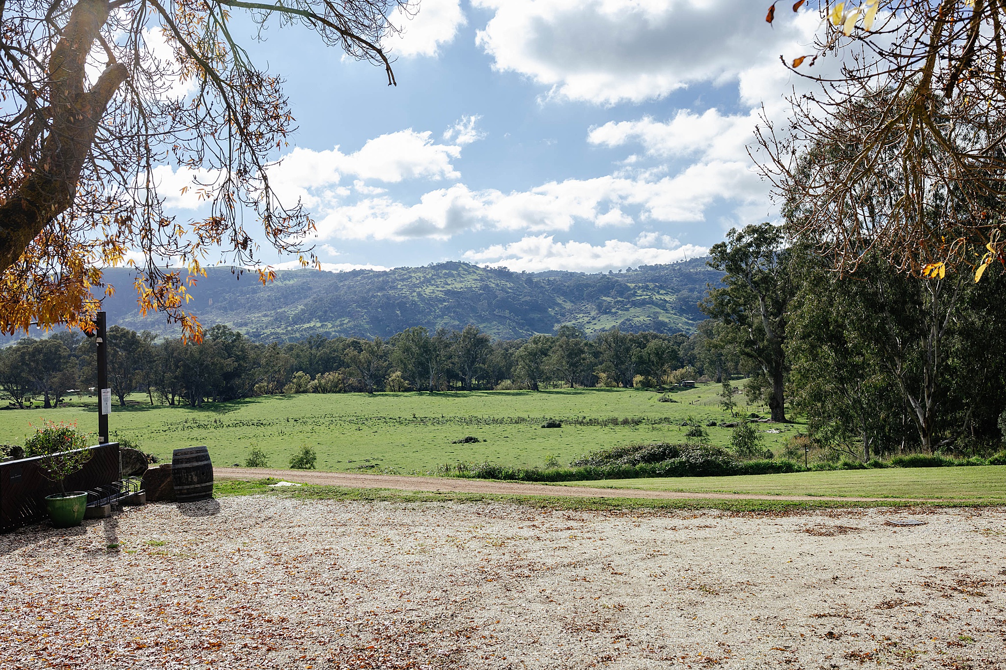 Outdoor ceremony area overlooking mountain ranges at Trawool Estate.